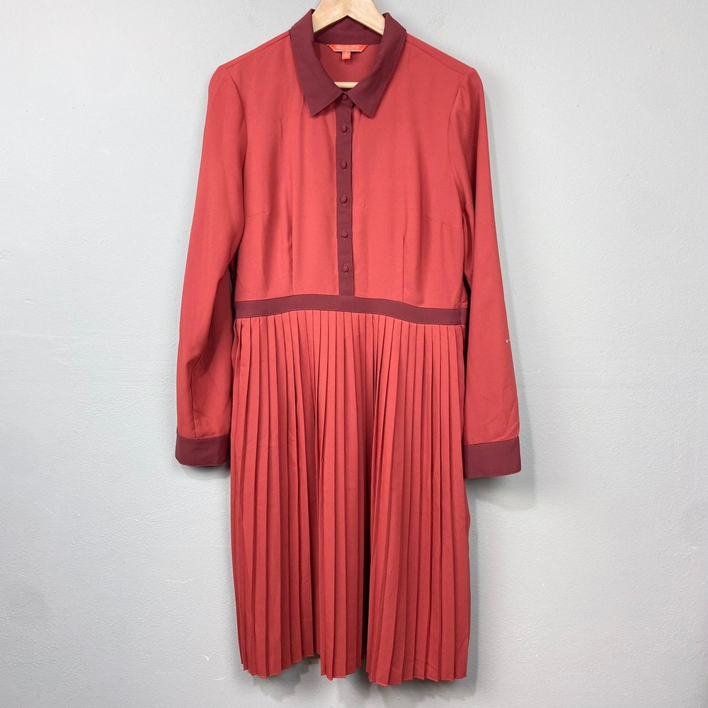 ModCloth Pleated Midi Dress Womens Size L Spice Orange Retro Mod Twee Pockets